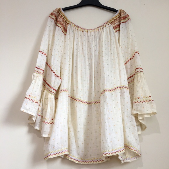 Free People Boho Talia Bell Sleeve Cream Embroidered Peasant Blouse Top - Picture 6 of 16